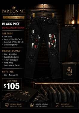 Black Pike Distressed Slim Fit Jeans with Red and White Paint Splatter